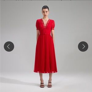 SELF-PORTRAIT Belted Lace-Trimmed Pleated Chiffon Midi Dress M